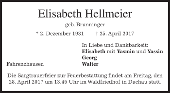 Traueranzeige von Elisabeth Hellmeier von merkurtz
