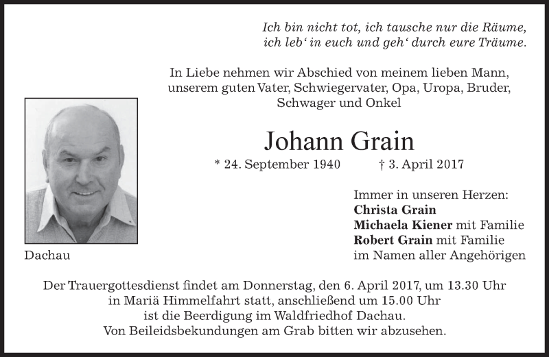  Traueranzeige für Johann Grain vom 05.04.2017 aus merkurtz