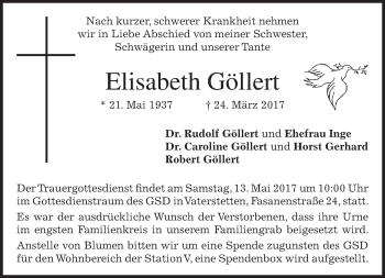 Traueranzeige von Elisabeth Göllert