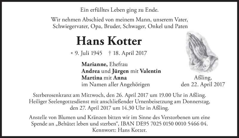  Traueranzeige für Hans Kotter vom 22.04.2017 aus merkurtz