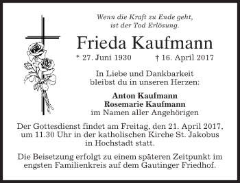 Traueranzeige von Frieda Kaufmann von merkurtz