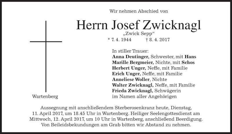  Traueranzeige für Josef Zwicknagl vom 11.04.2017 aus merkurtz
