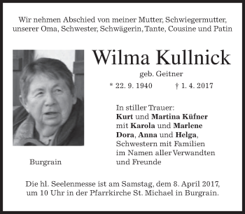 Traueranzeige von Wilma Kullnick von merkurtz