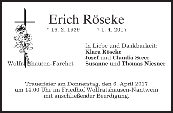 Traueranzeige von Erich Röseke von merkurtz