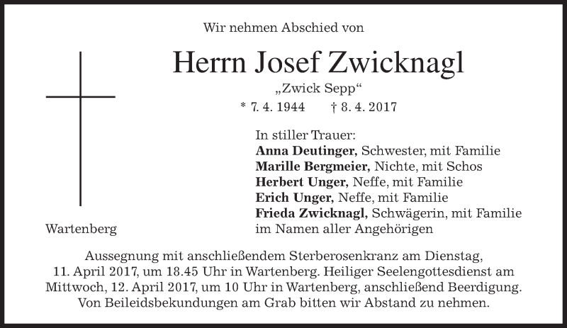  Traueranzeige für Josef Zwicknagl vom 10.04.2017 aus merkurtz