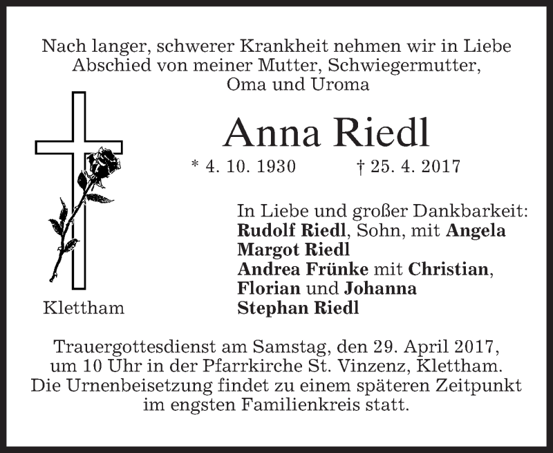  Traueranzeige für Anna Riedl vom 27.04.2017 aus merkurtz