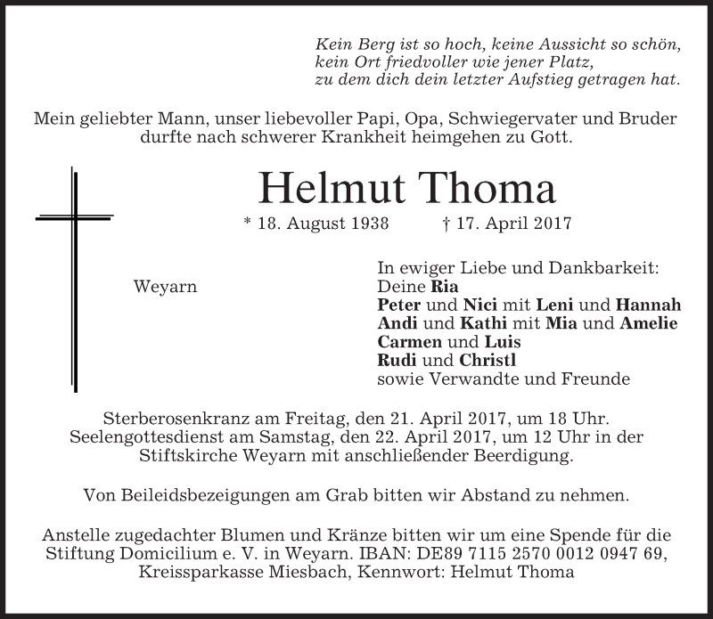  Traueranzeige für Helmut Thoma vom 20.04.2017 aus merkurtz
