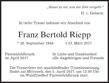 Traueranzeige von Franz Bertold Riepp von merkurtz