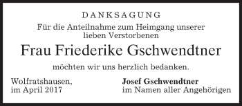 Traueranzeige von Friederike Gschwendtner von merkurtz