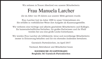 Traueranzeige von Manuela Larcher von merkurtz