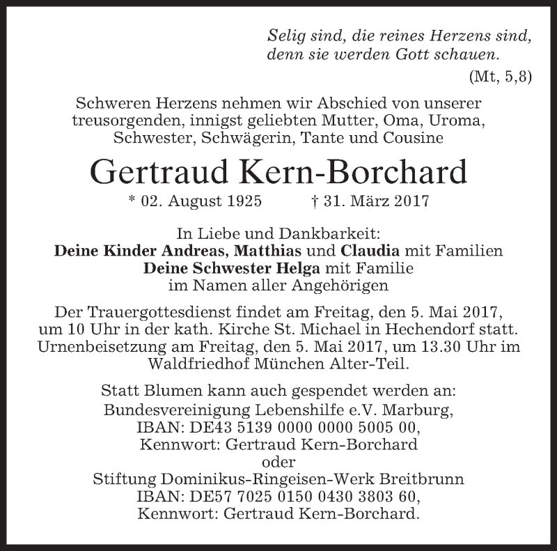  Traueranzeige für Gertraud Kern-Borchard vom 08.04.2017 aus merkurtz