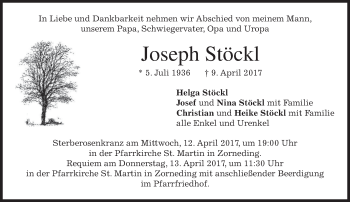 Traueranzeige von Joseph Stöckl