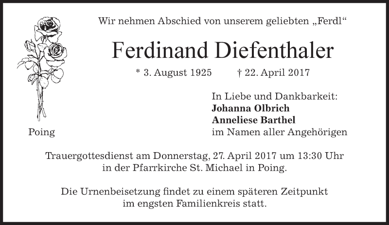  Traueranzeige für Ferdinand Diefenthaler vom 25.04.2017 aus merkurtz