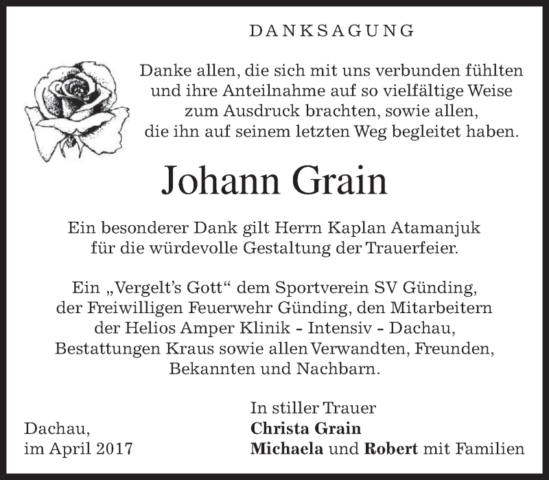  Traueranzeige für Johann Grain vom 22.04.2017 aus merkurtz