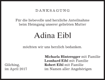 Traueranzeige von Adina Eibl von merkurtz