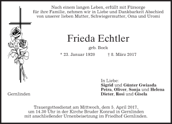 Traueranzeige von Frieda Echtler von merkurtz