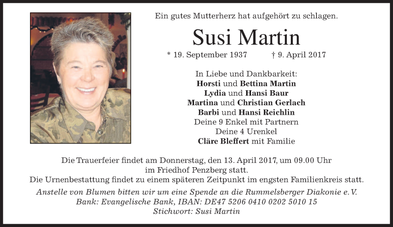  Traueranzeige für Susi Martin vom 12.04.2017 aus merkurtz
