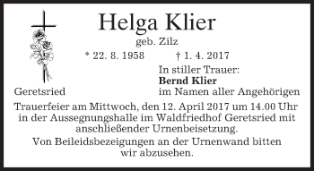 Traueranzeige von Helga Klier von merkurtz
