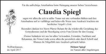 Traueranzeige von Claudia Spiegl von merkurtz