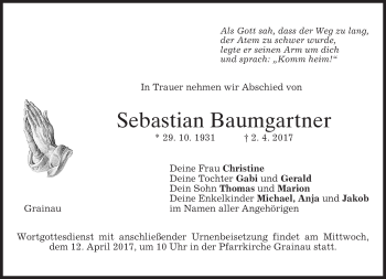 Traueranzeige von Sebastian Baumgartner von merkurtz