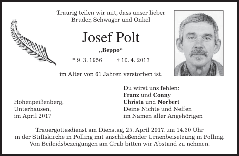  Traueranzeige für Josef Polt vom 21.04.2017 aus merkurtz