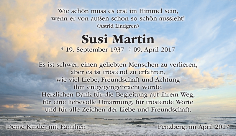  Traueranzeige für Susi Martin vom 28.04.2017 aus Das Gelbe Blatt Penzberg
