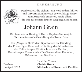 Traueranzeige von Johann Grain