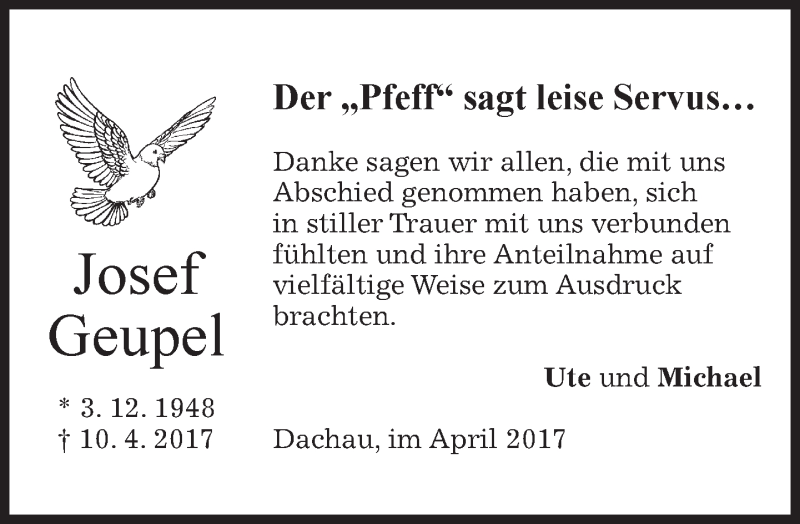  Traueranzeige für Josef Geupel vom 29.04.2017 aus merkurtz