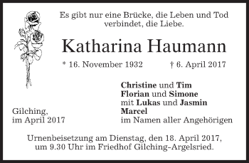 Traueranzeige von Katharina Haumann von merkurtz