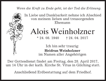 Traueranzeige von Alois Weinholzner von merkurtz