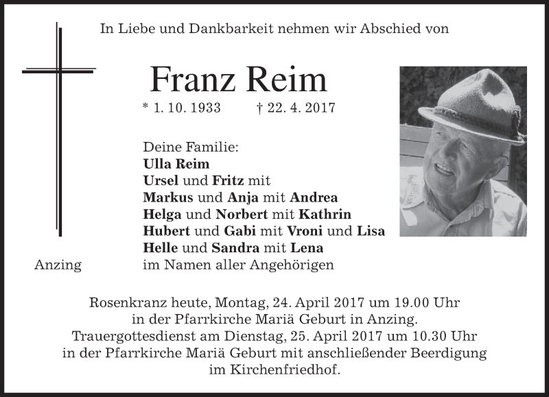  Traueranzeige für Franz Reim vom 24.04.2017 aus merkurtz