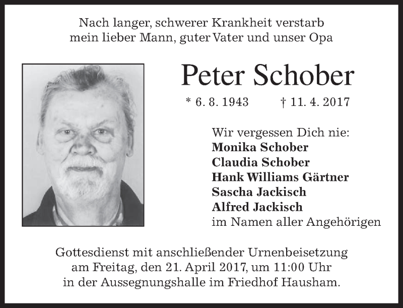  Traueranzeige für Peter Schober vom 18.04.2017 aus merkurtz