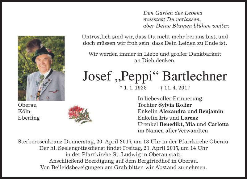  Traueranzeige für Josef Peppi Bartlechner vom 18.04.2017 aus merkurtz