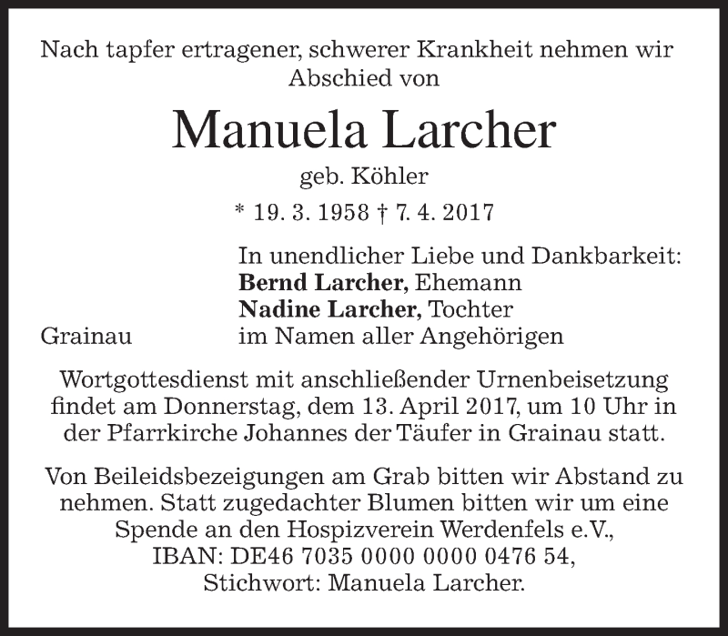  Traueranzeige für Manuela Larcher vom 11.04.2017 aus merkurtz