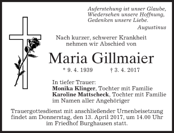 Traueranzeige von Maria Gillmaier von merkurtz