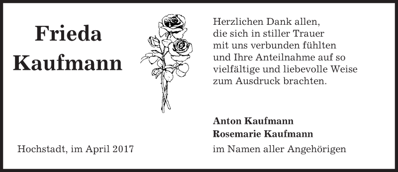  Traueranzeige für Frieda Kaufmann vom 29.04.2017 aus merkurtz