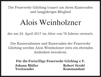 Traueranzeige von Alois Weinholzner von merkurtz