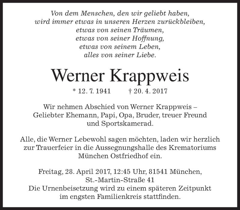  Traueranzeige für Werner Krappweis vom 26.04.2017 aus merkurtz