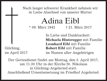 Traueranzeige von Adina Eibl von merkurtz