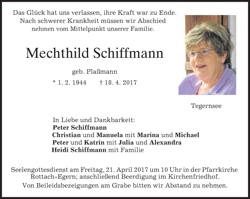  Traueranzeige für Mechthild Schiffmann vom 20.04.2017 aus merkurtz