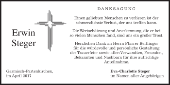 Traueranzeige von Erwin Steger von merkurtz