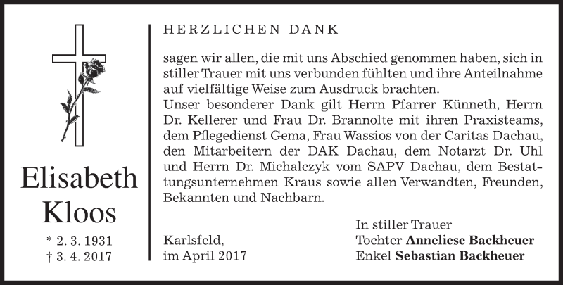  Traueranzeige für Elisabeth Kloos vom 15.04.2017 aus merkurtz