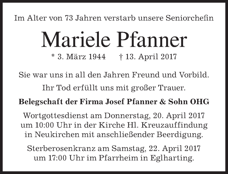  Traueranzeige für Mariele Pfanner vom 15.04.2017 aus merkurtz