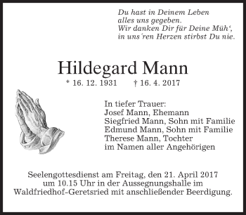 Traueranzeige von Hildegard Mann von merkurtz