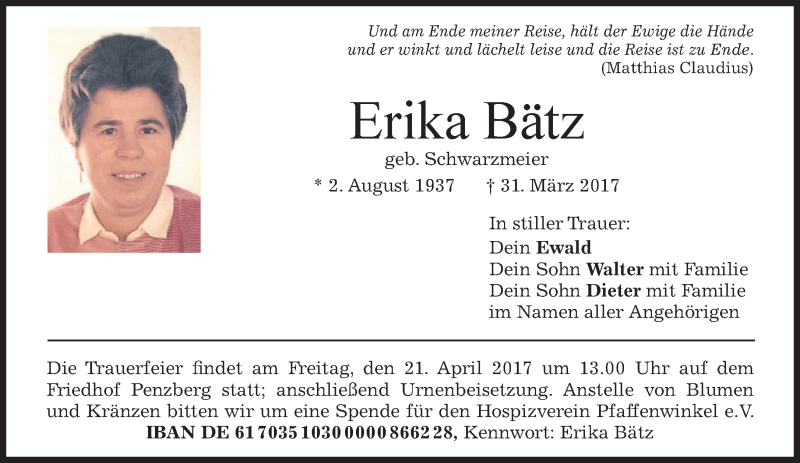  Traueranzeige für Erika Bätz vom 14.04.2017 aus Das Gelbe Blatt Penzberg