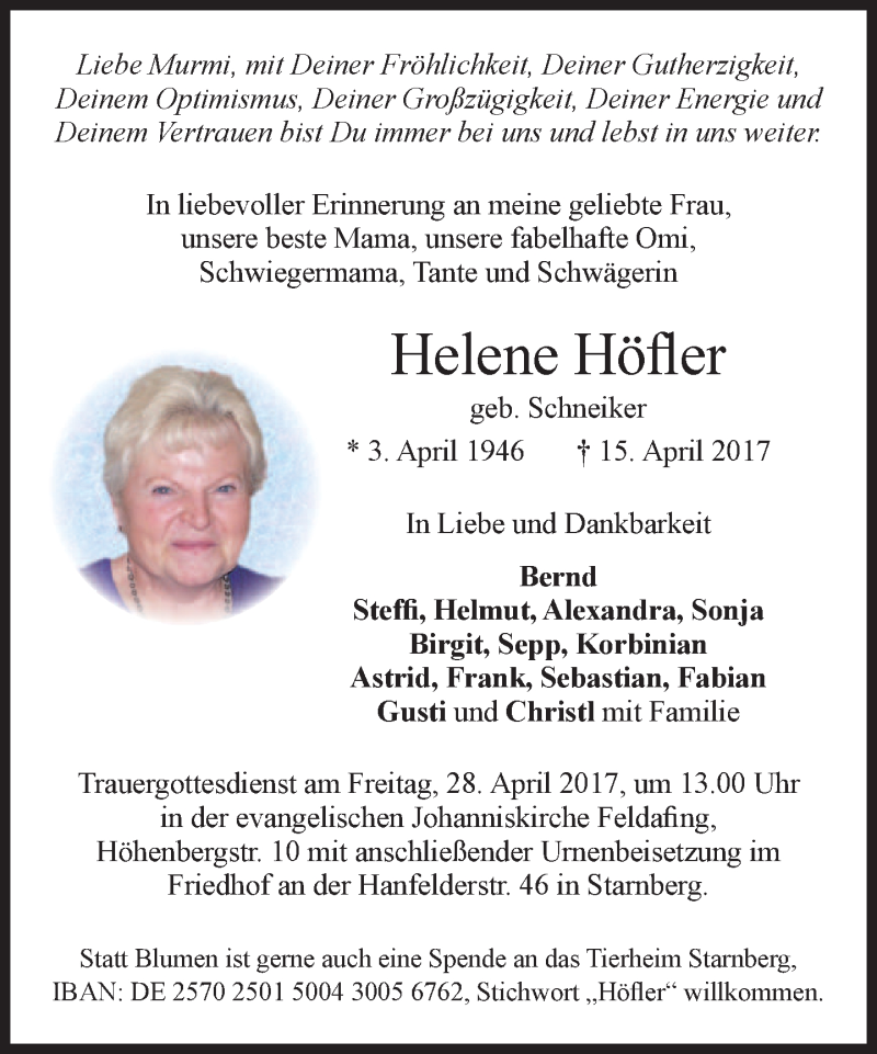 Traueranzeigen von Helene Höfler | trauer.merkur.de