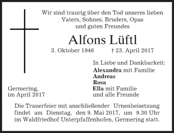 Traueranzeige von Alfons Lüftl von merkurtz