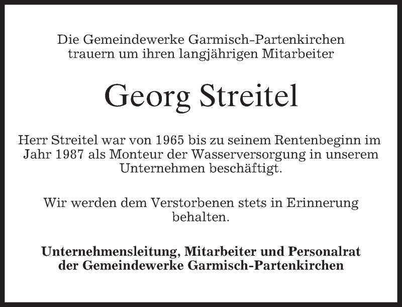 Traueranzeige für Georg Streitel vom 25.04.2017 aus merkurtz