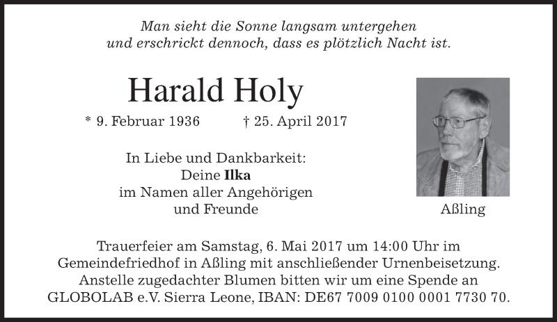 Traueranzeige für Harald Holy vom 29.04.2017 aus merkurtz