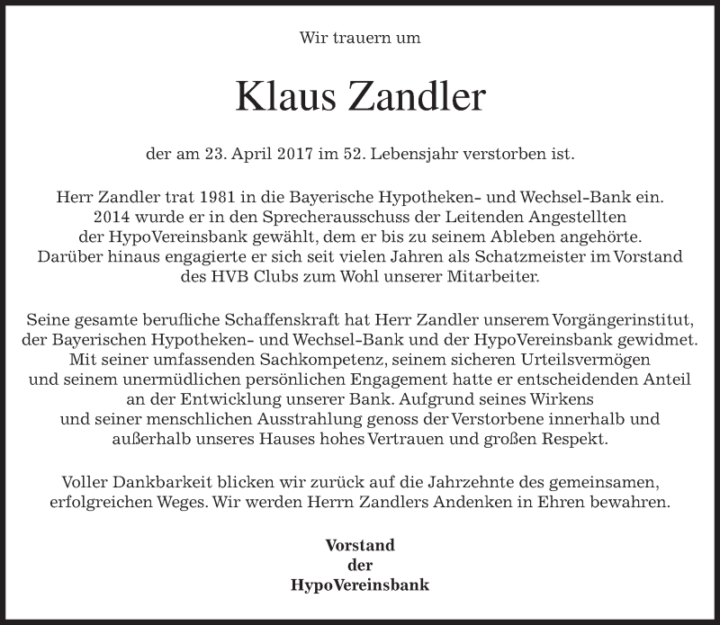  Traueranzeige für Klaus Zandler vom 28.04.2017 aus merkurtz